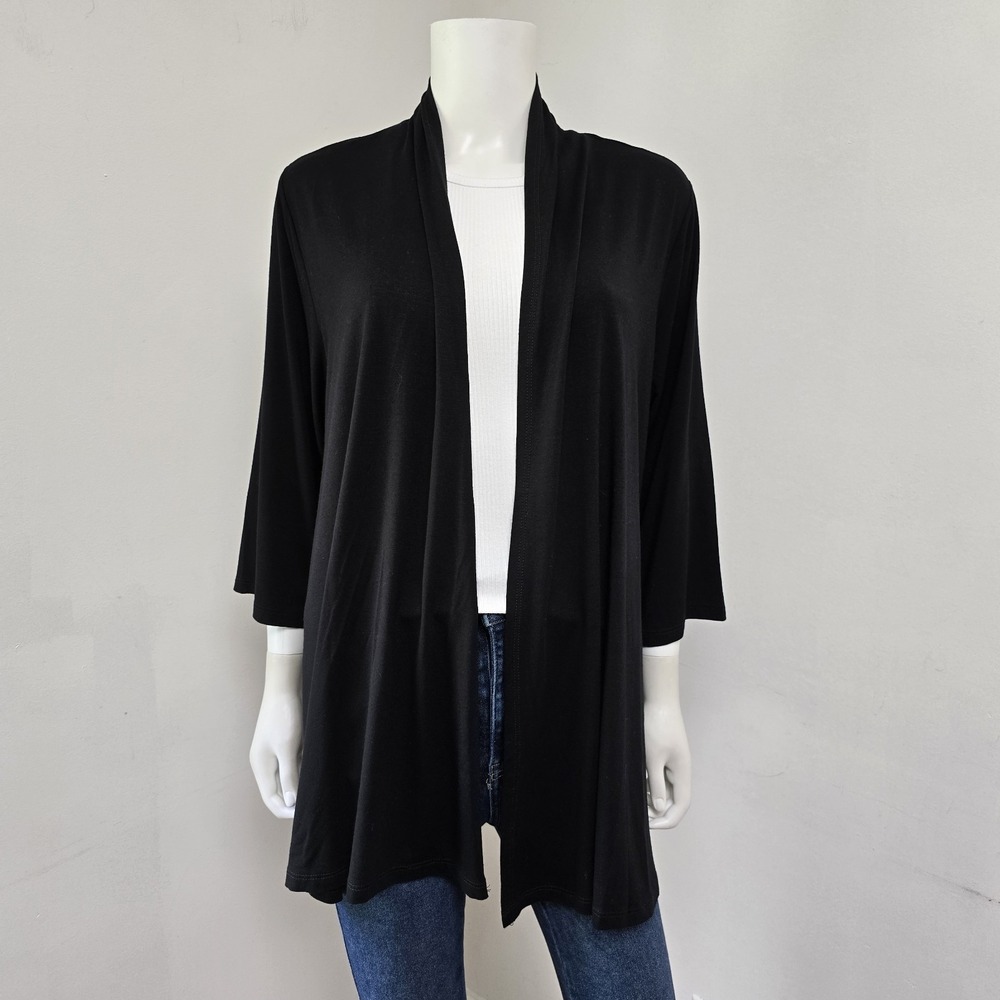 Karen Kane Cardigan Size 1X Black Open Front Solid Stretch Knit 3/4 Slv Sweater